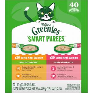 imageGreenies Feline Smart Purees Healthy Indoor and Skin amp Fur Health Lickable Cat Treats with Real Chicken with Real Salmon 049 oz Tubes 40 CountVariety Pack Chicken  Salmon