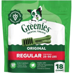 imageGreenies VeterinarianRecommended Adult Natural Dental Dog Treats Regular Size Original Flavor 18 oz Pack 18 Count